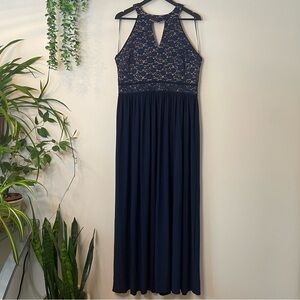 Elegant Navy Flowy Sparkle Lace Maxi Dress